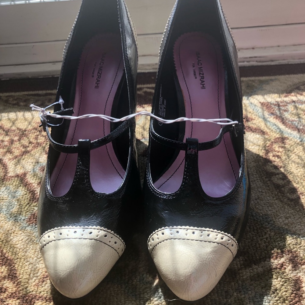 Black and Cream Women's T-Strap Heels